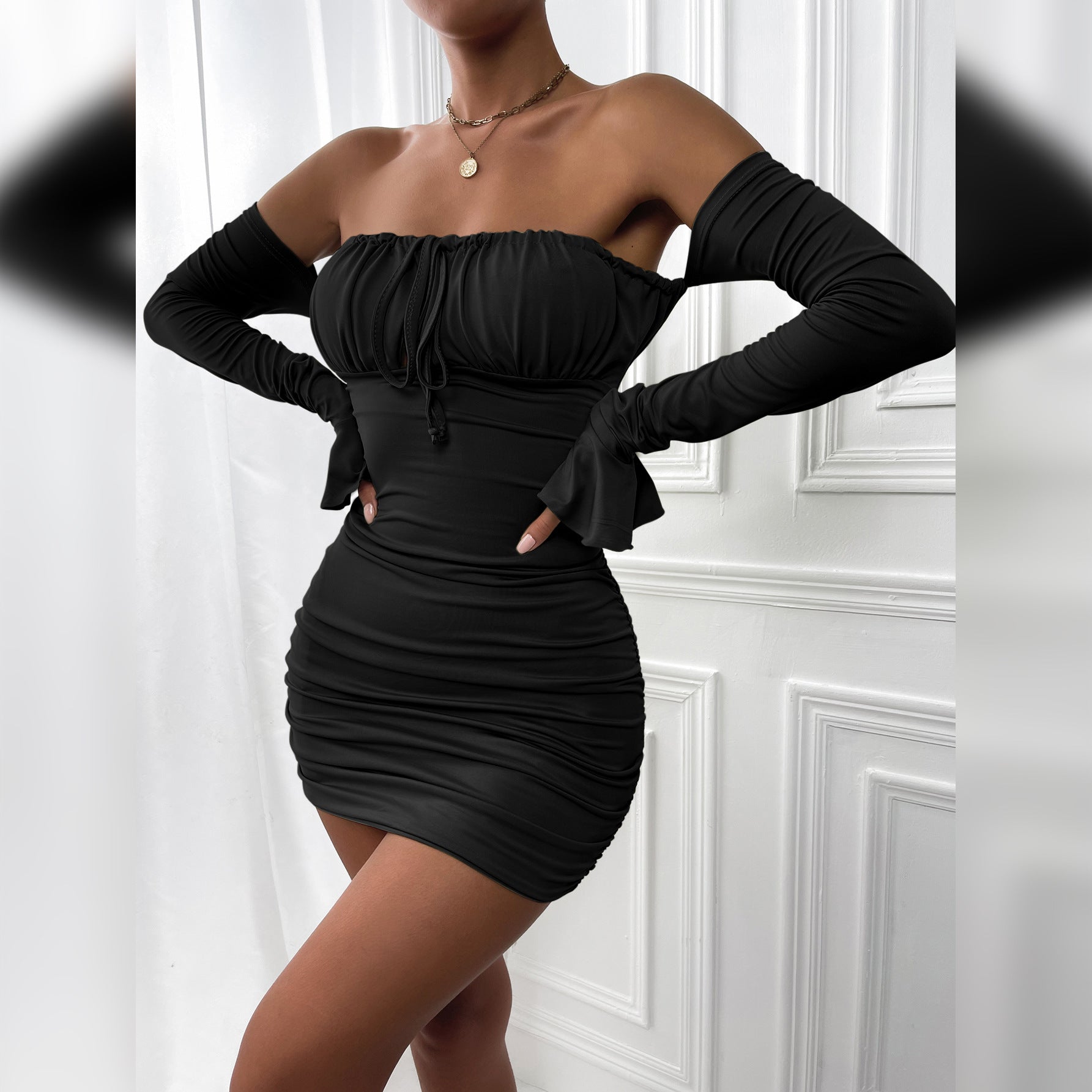 Luxe Off-Shoulder Ruched Bodycon Mini Dress – Long Sleeve