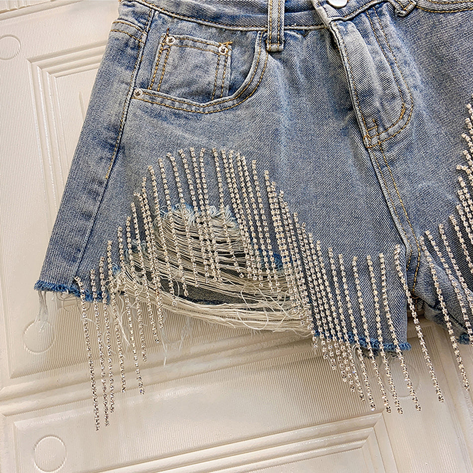 Fringed Chain Jeans Luxe High Waist Shorts