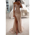 Elegant Luxe Sequins Off-neck Split Dress