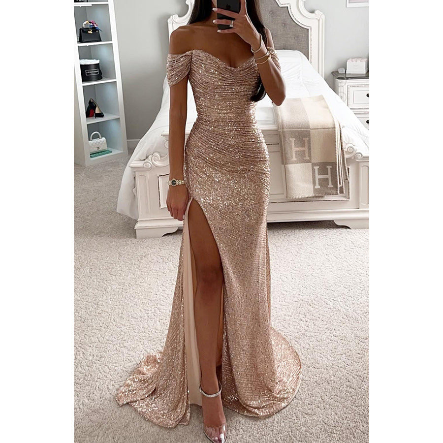 Elegant Luxe Sequins Off-neck Split Dress