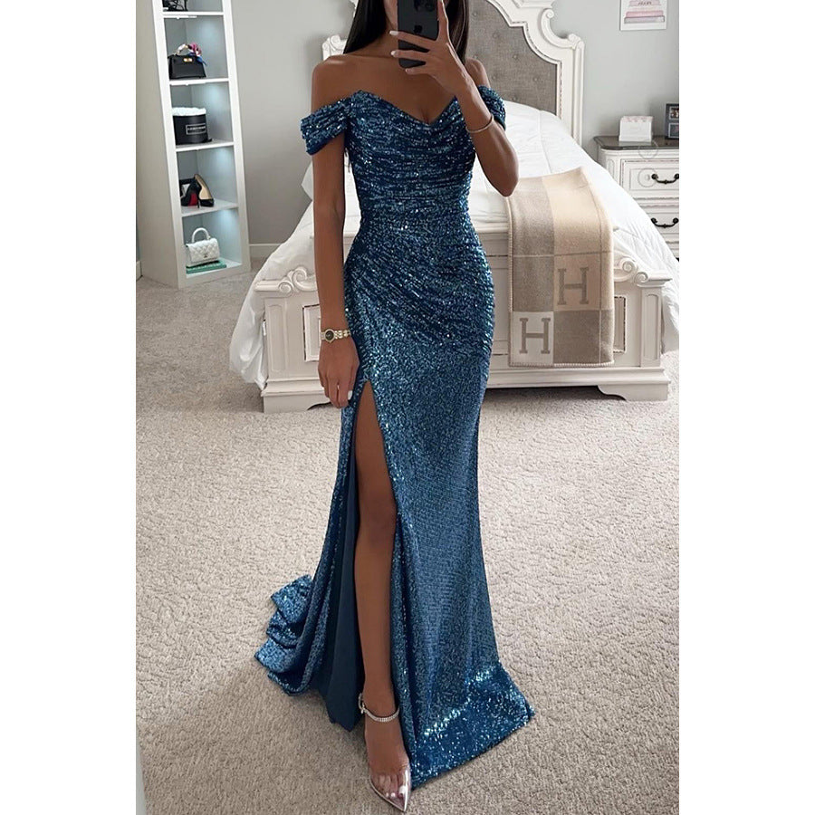 Elegant Luxe Sequins Off-neck Split Dress