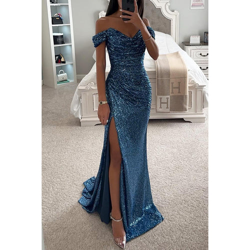 Elegant Luxe Sequins Off-neck Split Dress