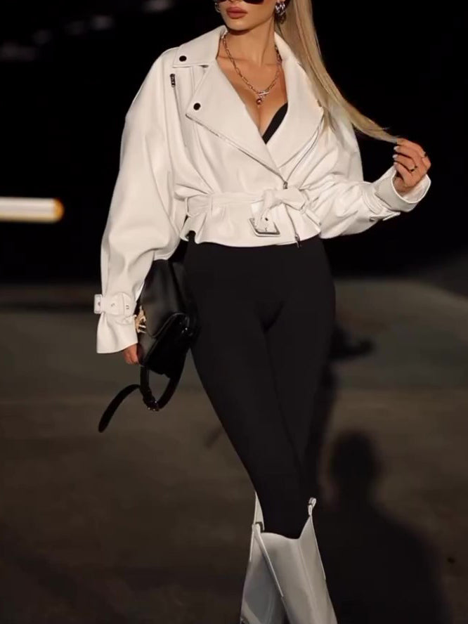 Luxe Solid Color Leather Cropped Jacket