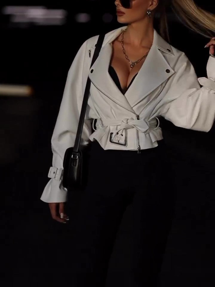 Luxe Solid Color Leather Cropped Jacket