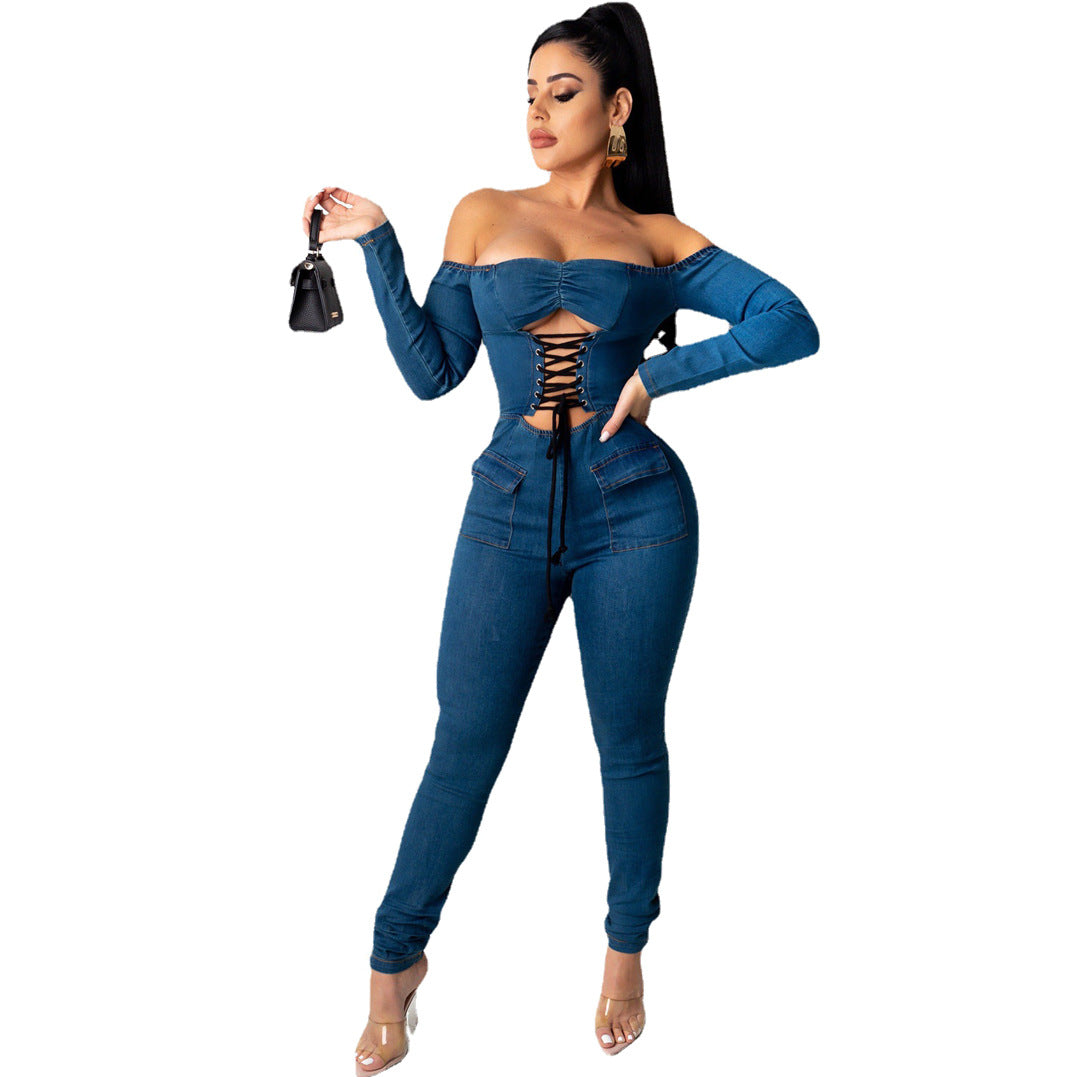 Women's Off-Shoulder Strappy Denim Jumpsuit