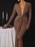 Elegant Luxe V Long-sleeved Sequin Pleated Dress