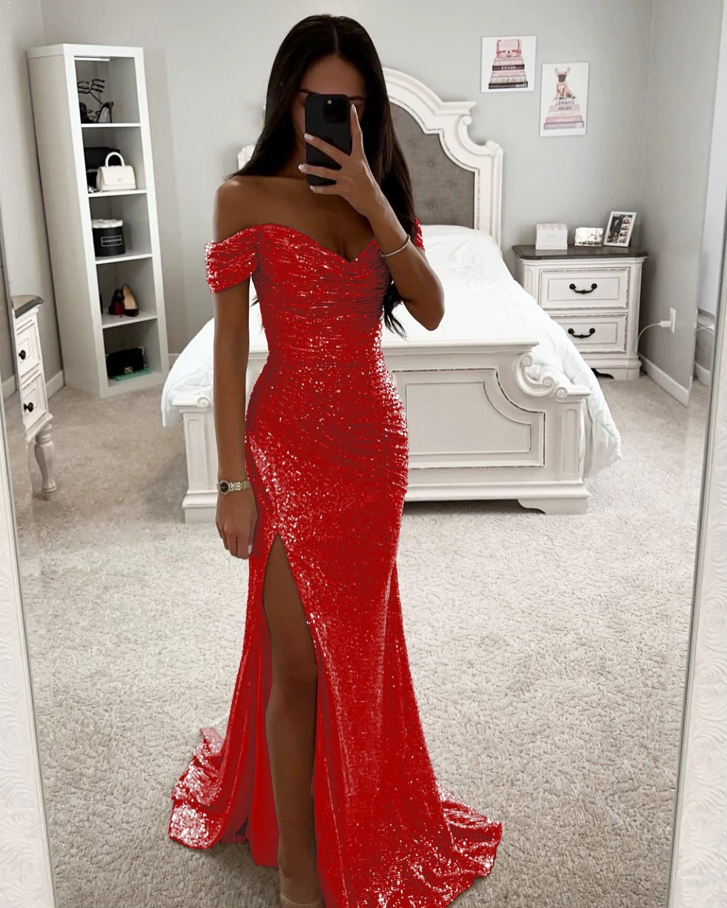 Elegant Luxe Sequins Off-neck Split Dress