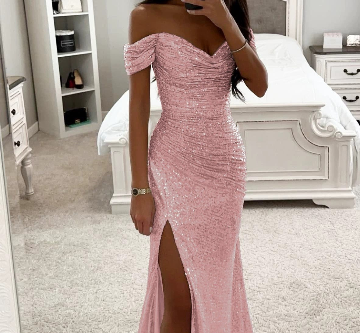 Elegant Luxe Sequins Off-neck Split Dress
