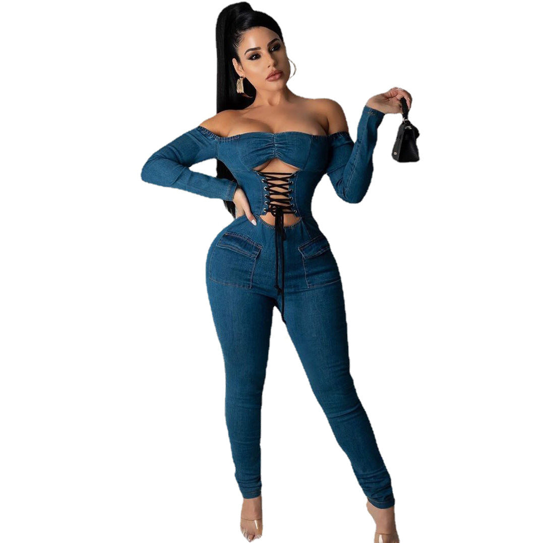 Women's Off-Shoulder Strappy Denim Jumpsuit