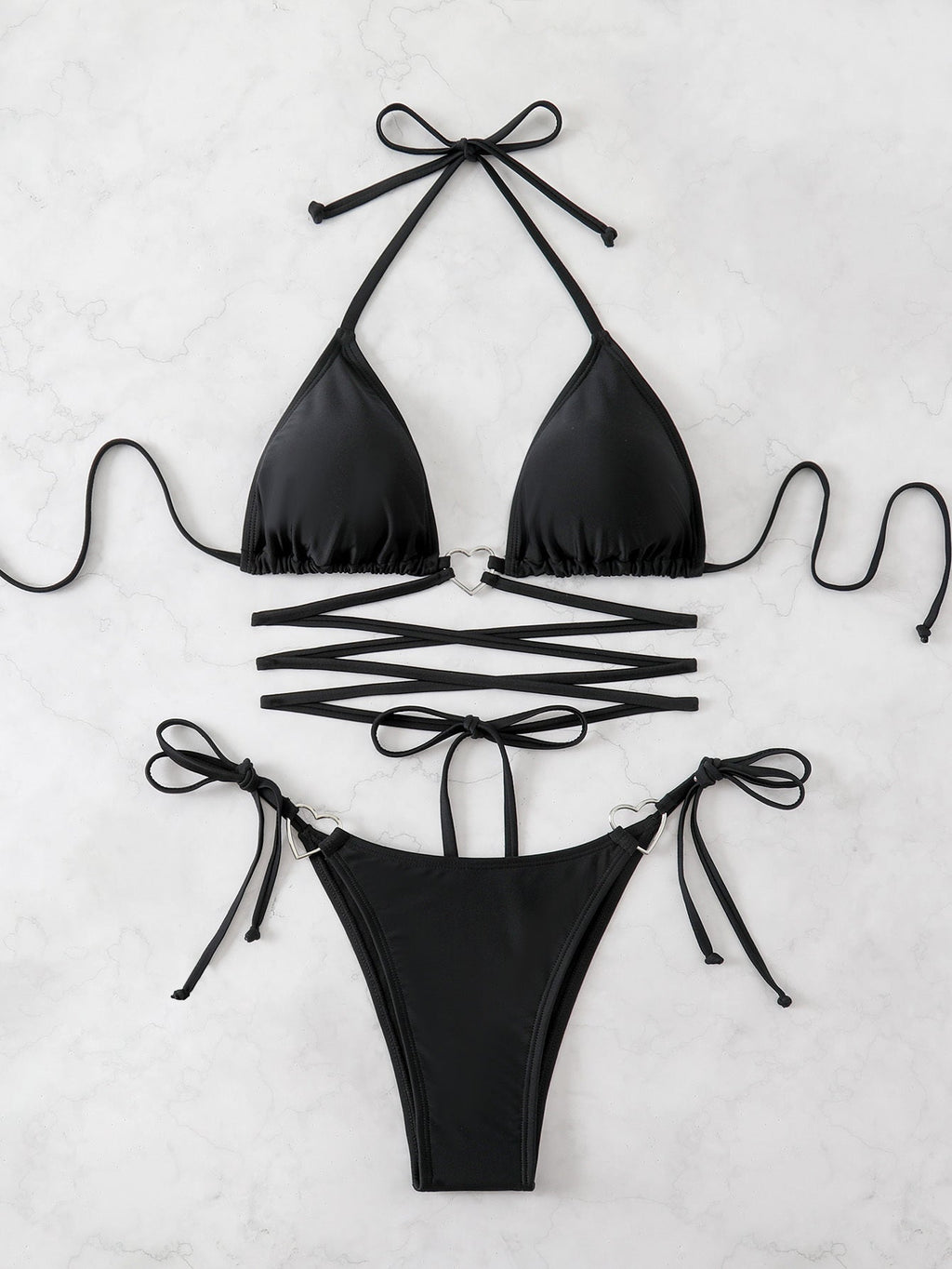 Luxe Black Bikini Set With Lace-Up Top & Tie Side Bottom