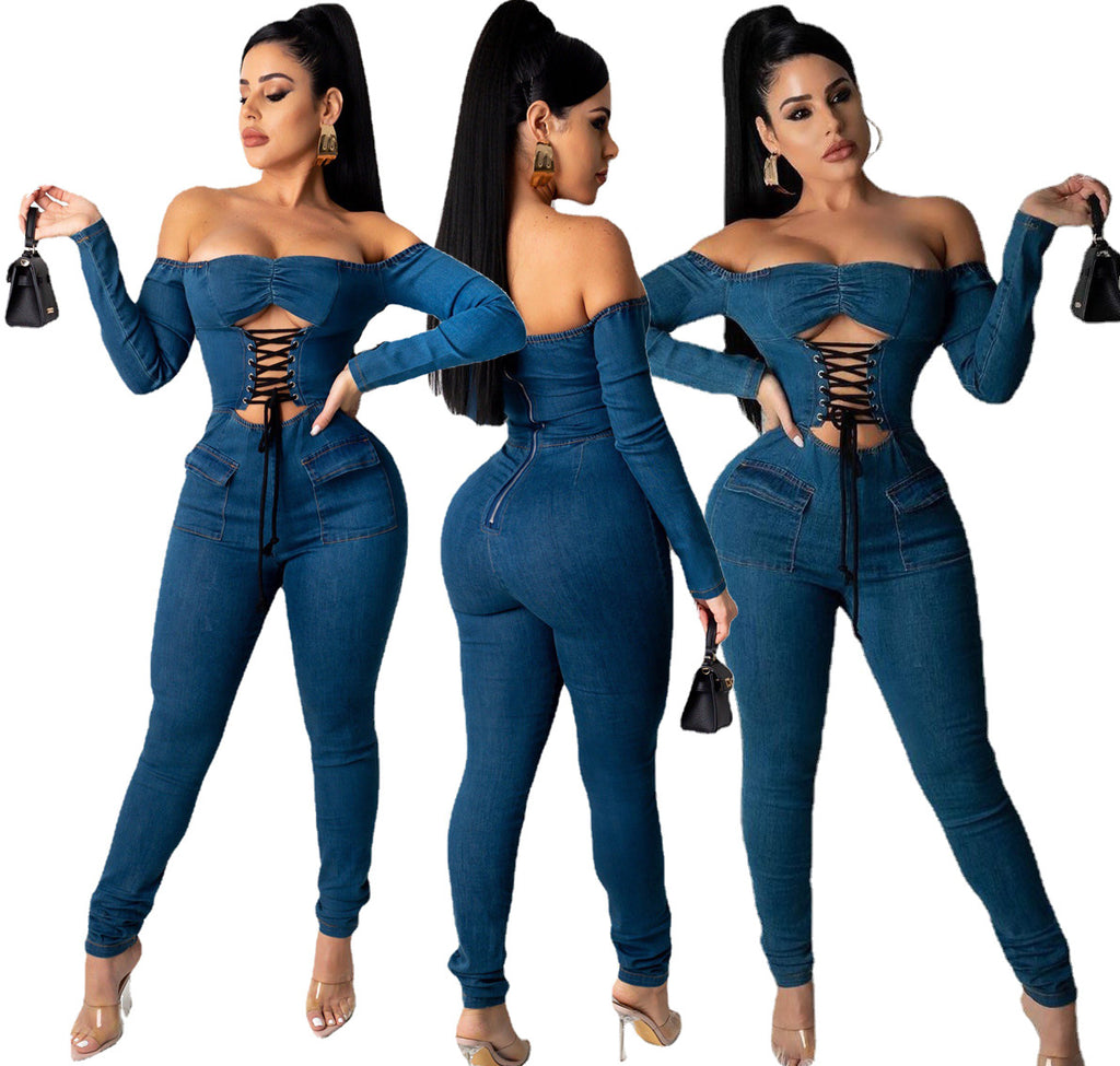 Women's Off-Shoulder Strappy Denim Jumpsuit