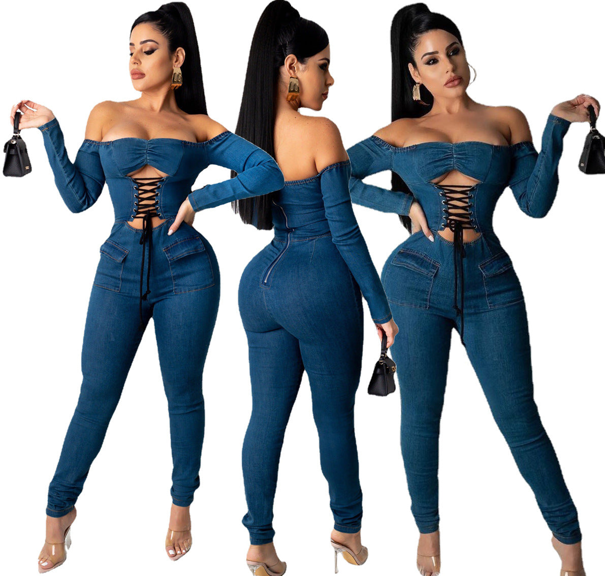 Women's Off-Shoulder Strappy Denim Jumpsuit