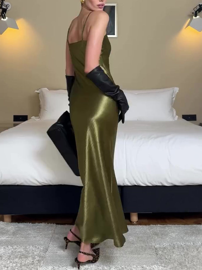 Luxe Sexy Olive Green Satin Slip Dress