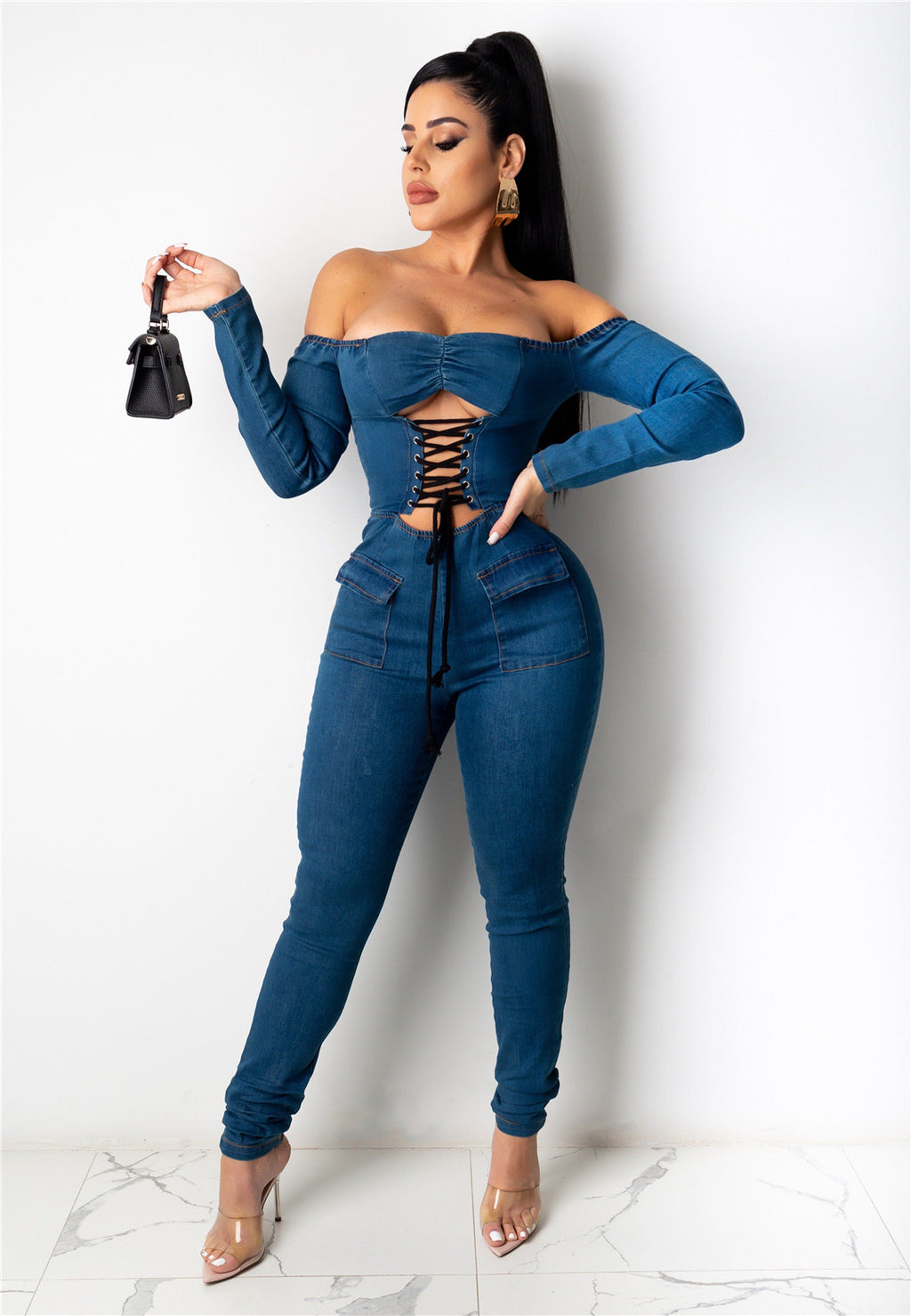 Women's Off-Shoulder Strappy Denim Jumpsuit