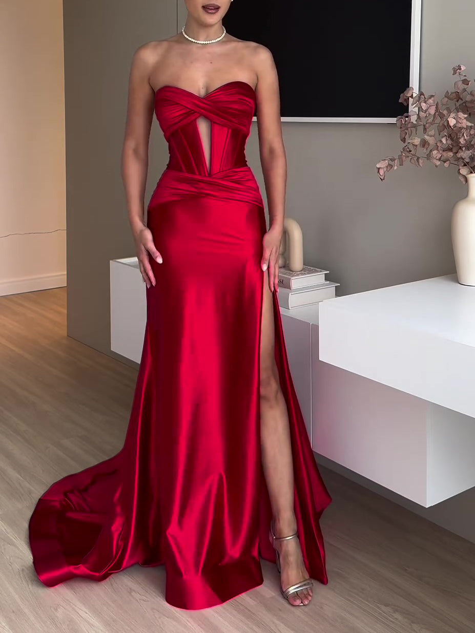 Sexy Red Long Slit Elegant Dress