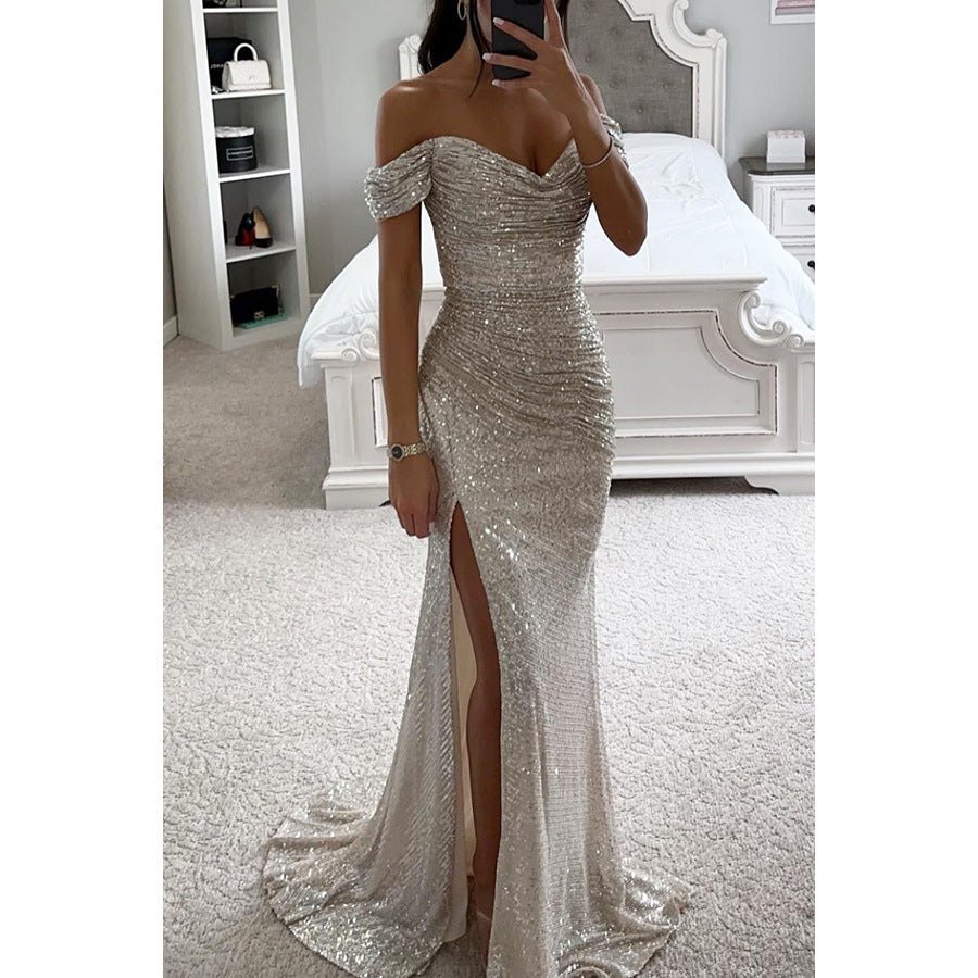 Elegant Luxe Sequins Off-neck Split Dress