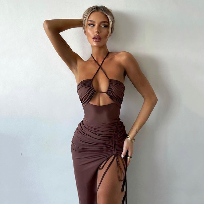 Luxe Halterneck Lace-up Split Dress