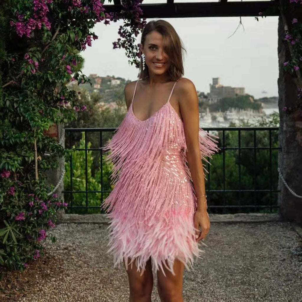 Luxe Tassel Sequins Feather Elegant Dress