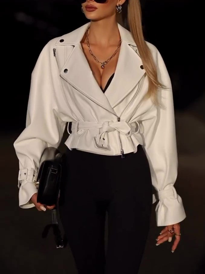 Luxe Solid Color Leather Cropped Jacket
