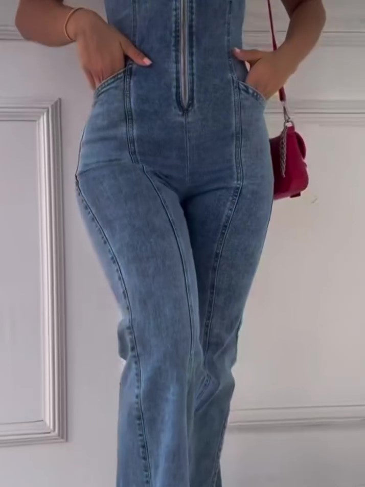 Luxe Sleeveless Zipper Denim Jumpsuit