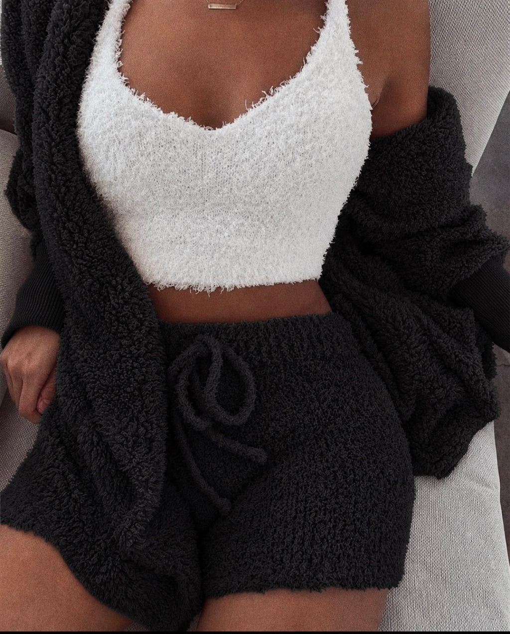 luxe 3pcs Long Sleeve Crop Tank Top And Drawstring Shorts Pajama Set