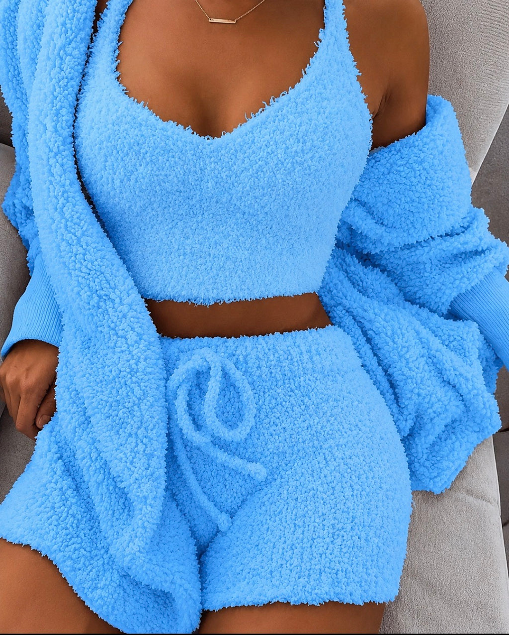 luxe 3pcs Long Sleeve Crop Tank Top And Drawstring Shorts Pajama Set