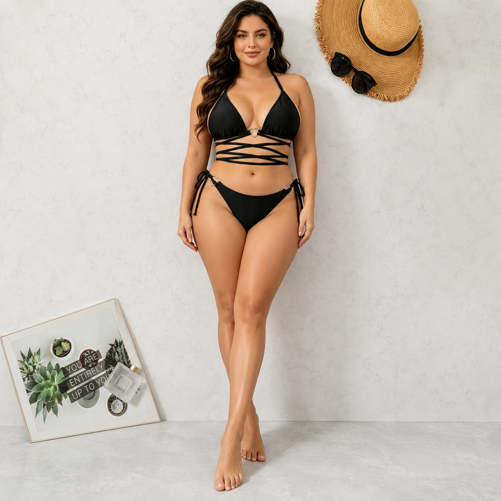 Luxe Black Bikini Set With Lace-Up Top & Tie Side Bottom