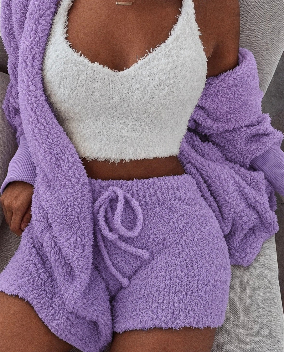 luxe 3pcs Long Sleeve Crop Tank Top And Drawstring Shorts Pajama Set