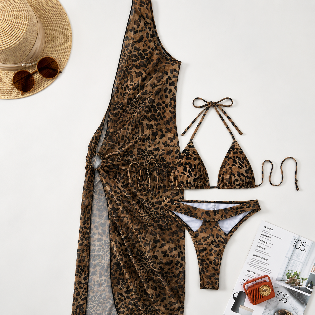 Luxe Halter Lace-up Leopard Print Dress Three-piece Set