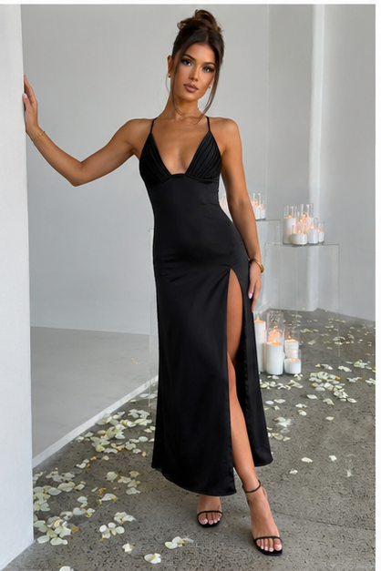 Luxe Elegant Spaghetti Strapped Dress With Split Design