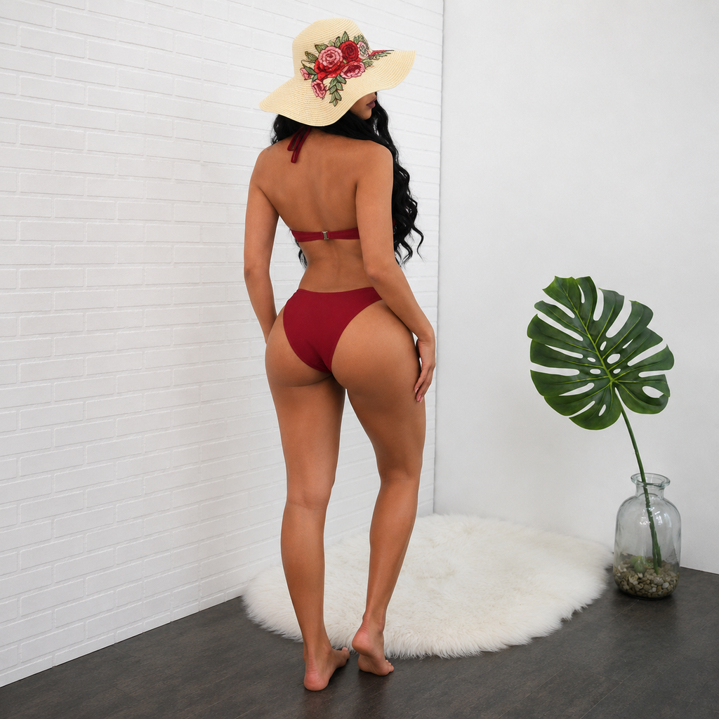 Luxe Halter Cross Design Solid Color Bikini Swimwear