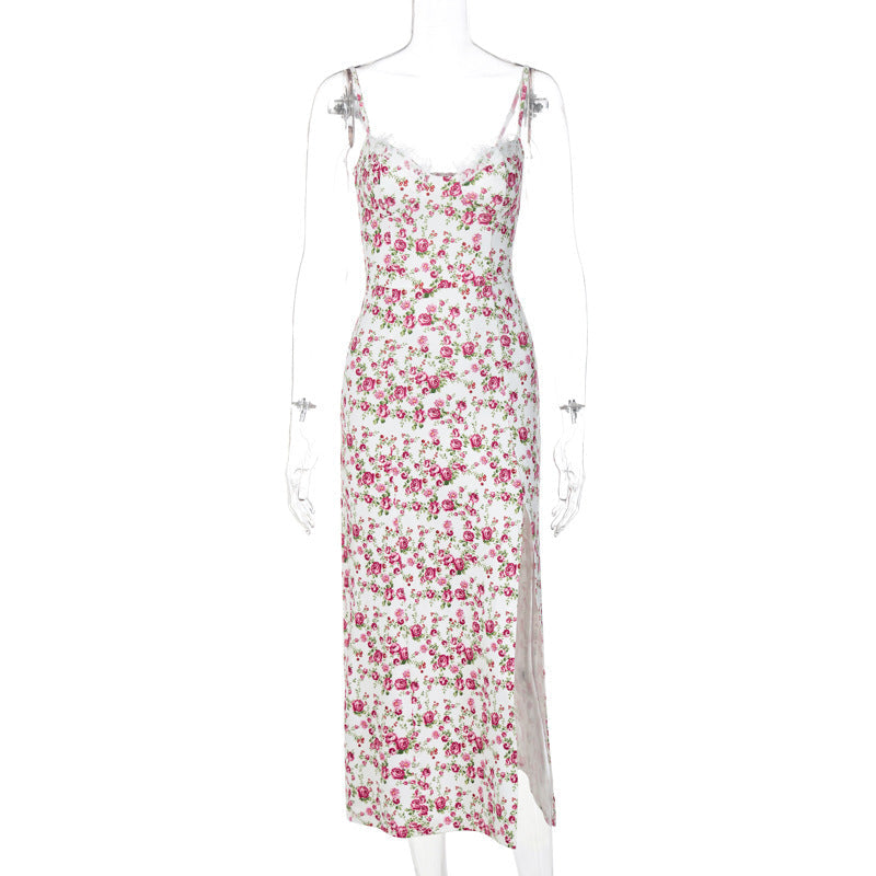 Luxe Lace Flower Print Dress With Slit