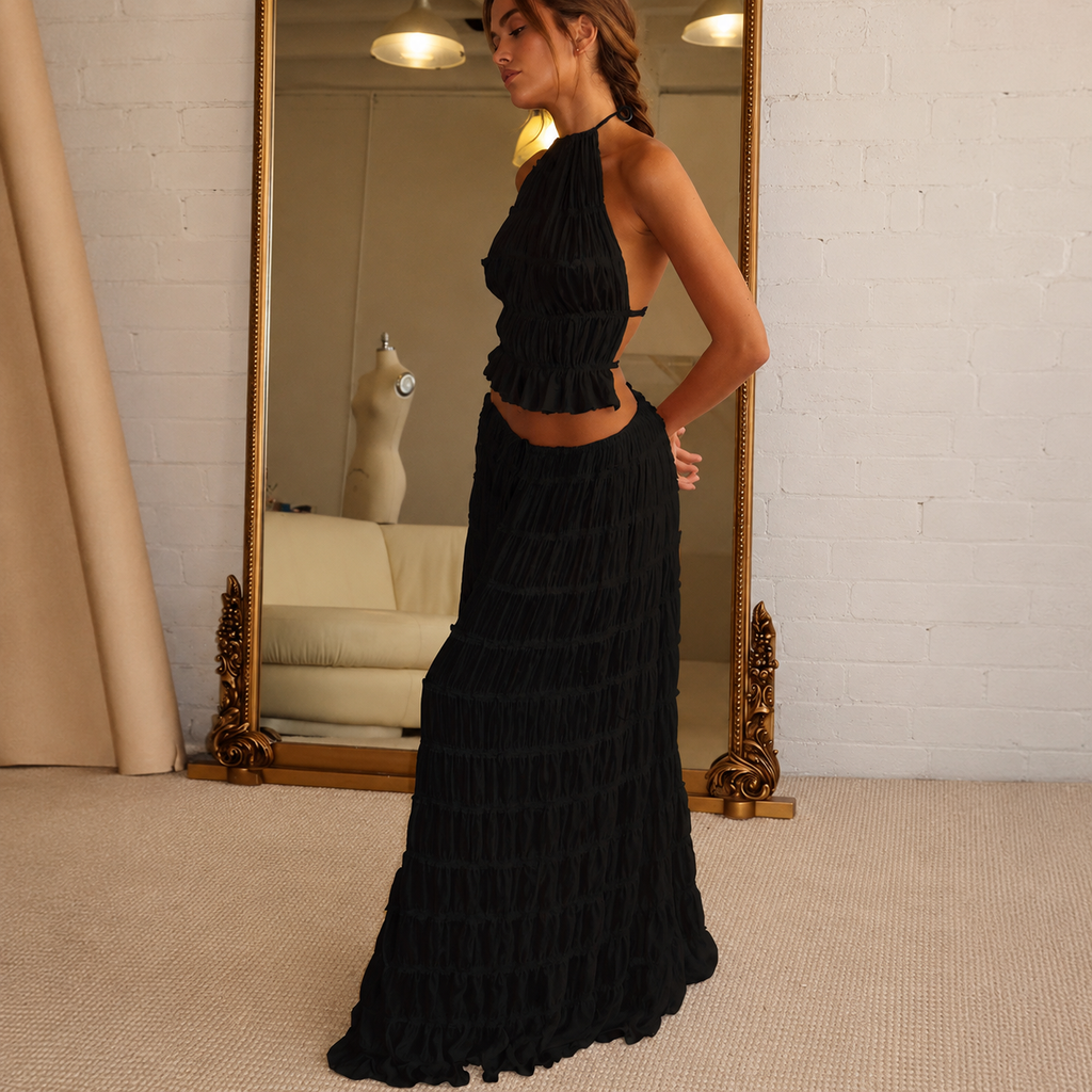 Luxe 2pcs Dress Suit, Sleeveless Backless Cropped Halter Top And Pleated Long Skirt