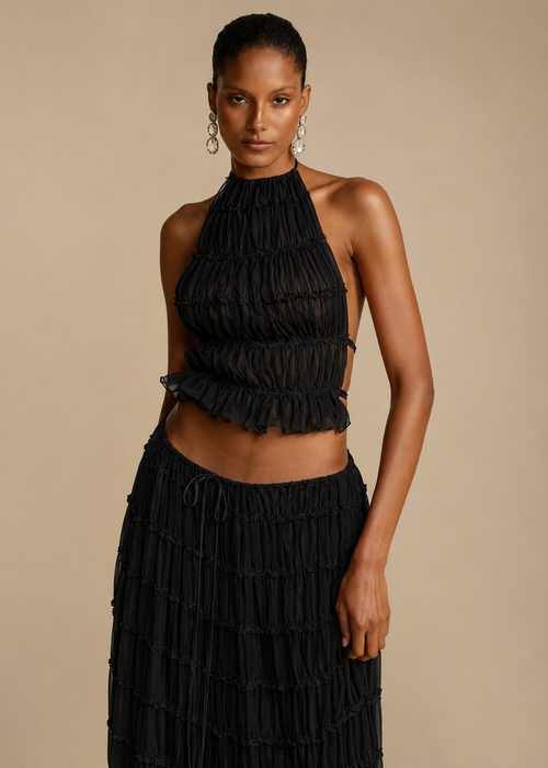Luxe 2pcs Dress Suit, Sleeveless Backless Cropped Halter Top And Pleated Long Skirt