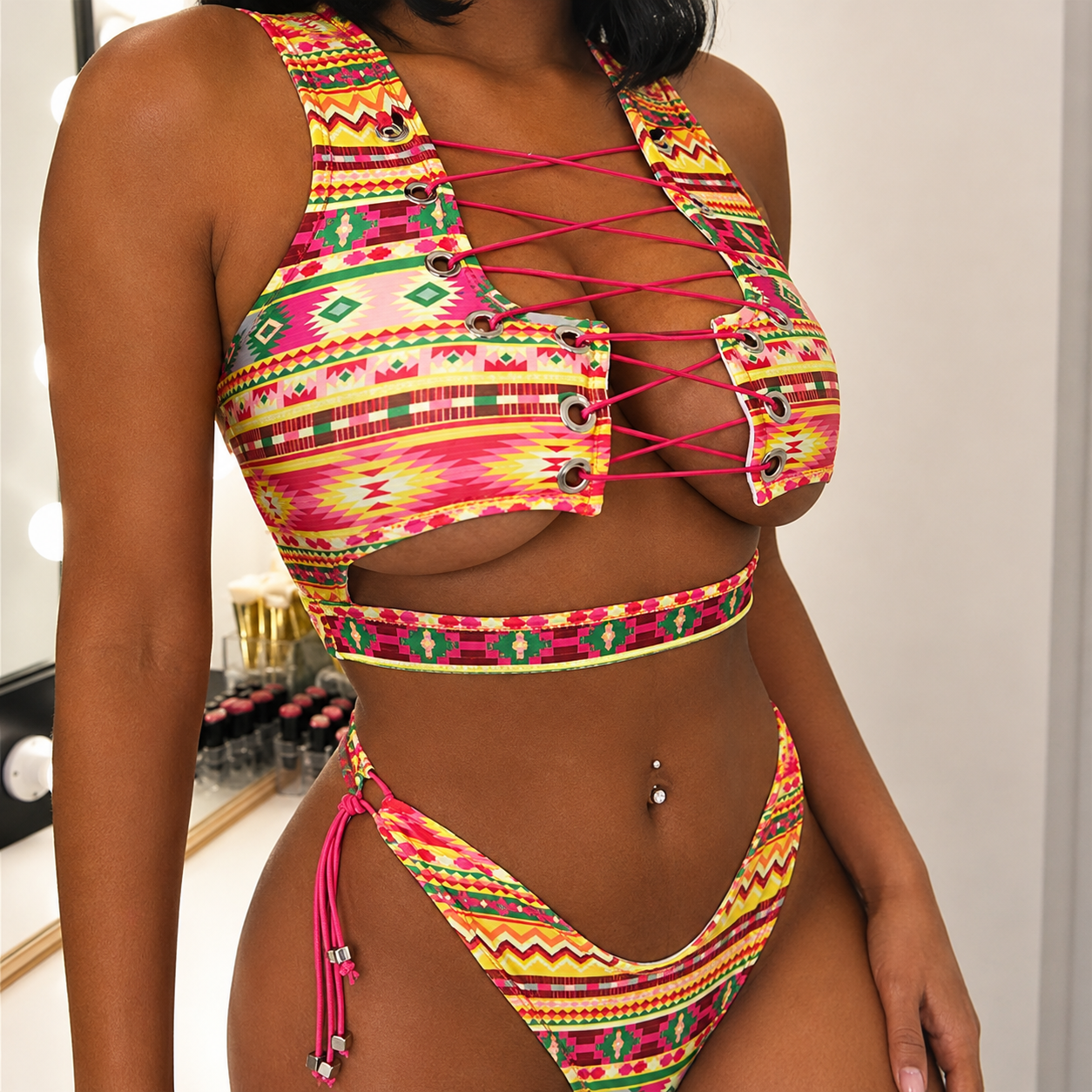 Luxe Lace Up Thong Bikini Two Piece Swimsuit Set