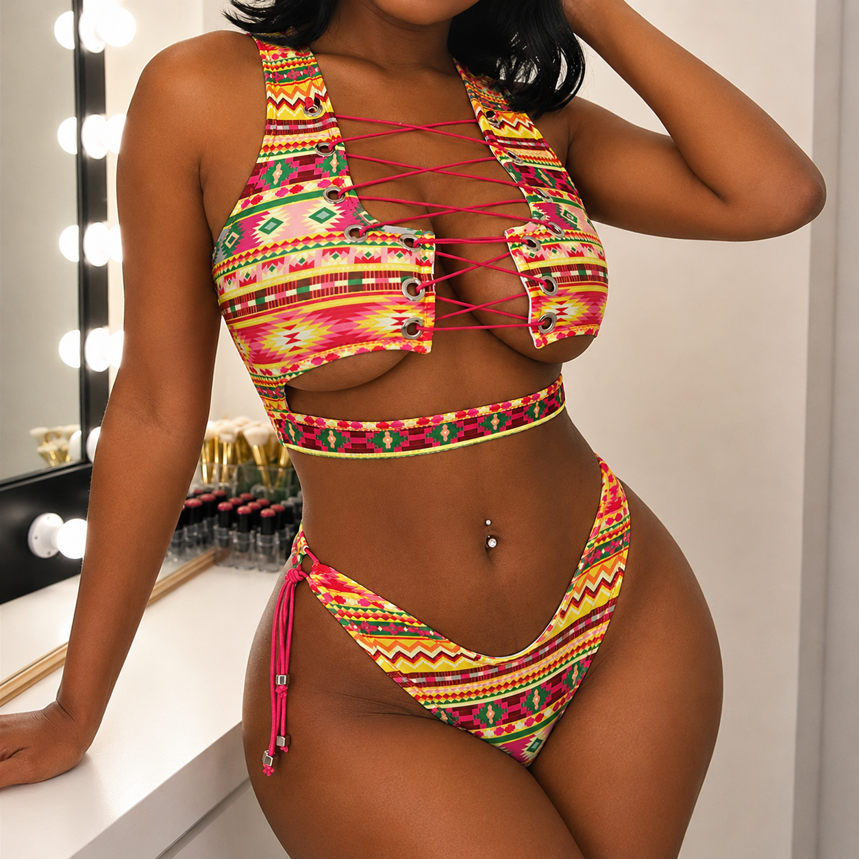 Luxe Lace Up Thong Bikini Two Piece Swimsuit Set