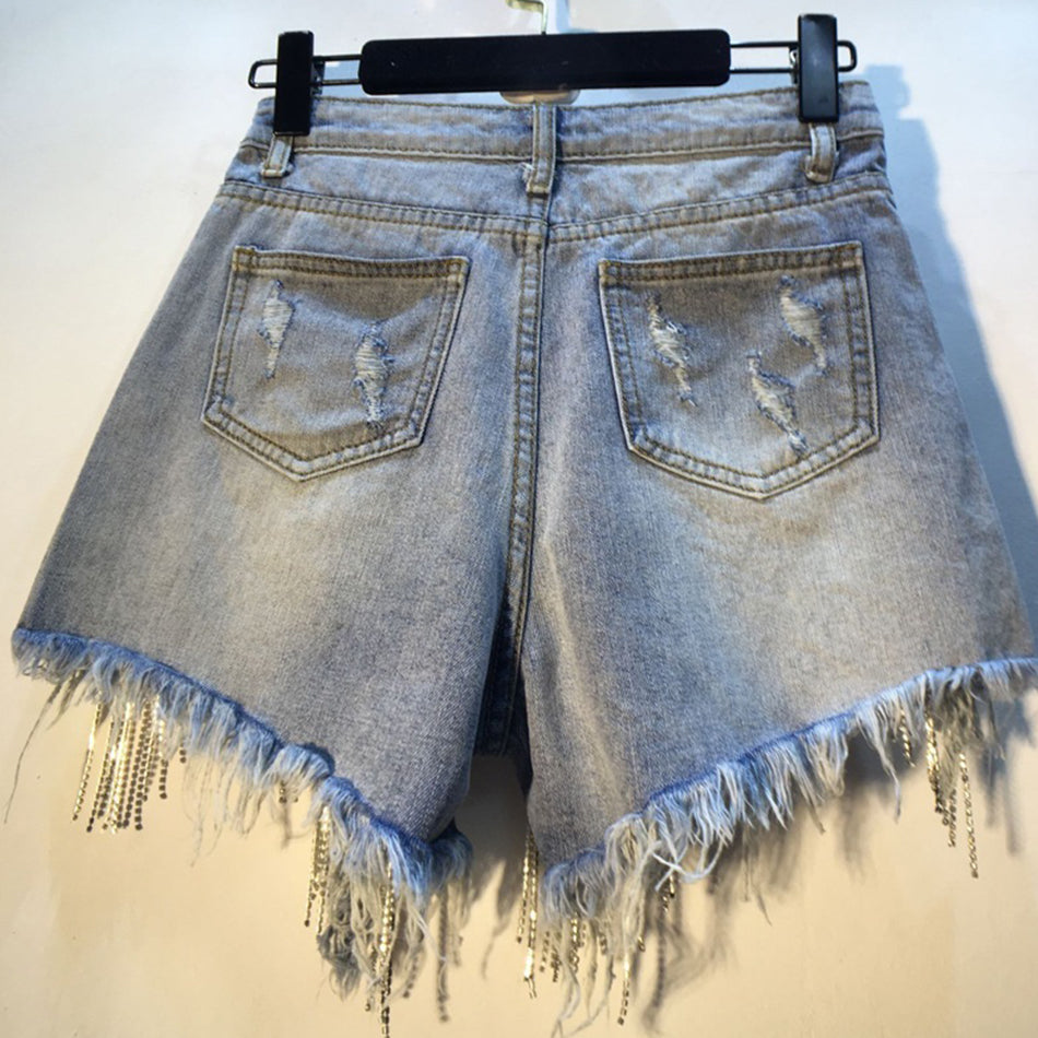 Fringed Chain Jeans Luxe High Waist Shorts