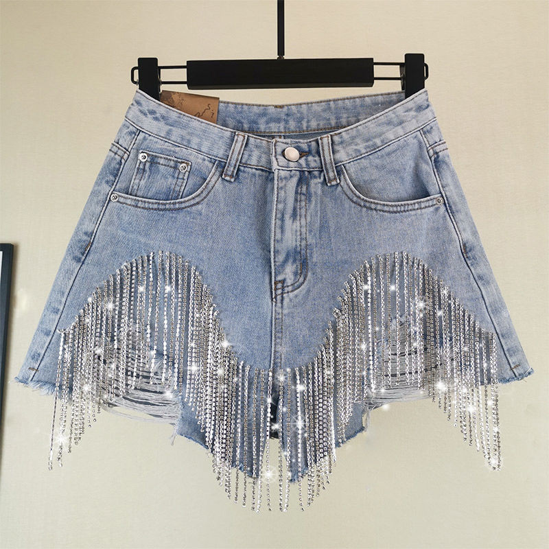 Fringed Chain Jeans Luxe High Waist Shorts