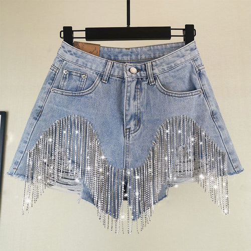 Fringed Chain Jeans Luxe High Waist Shorts