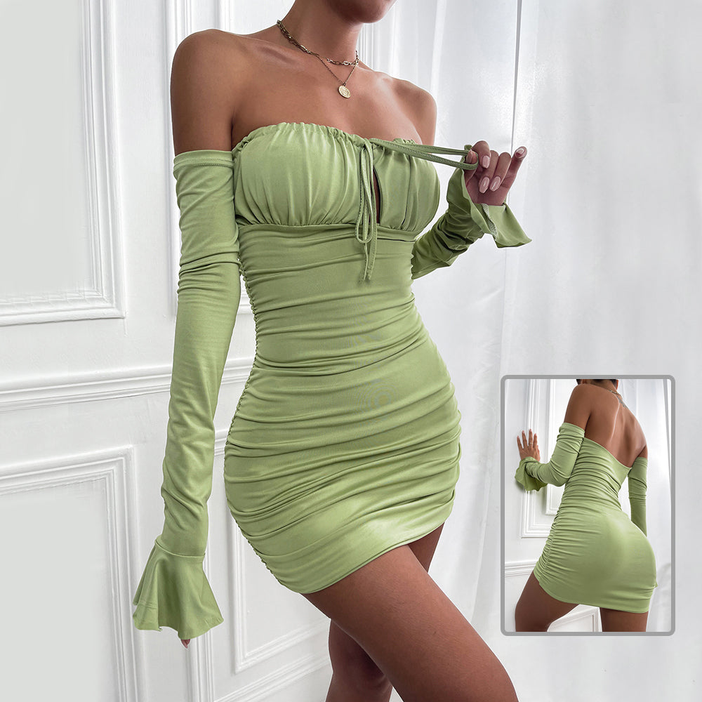 Luxe Off-Shoulder Ruched Bodycon Mini Dress – Long Sleeve