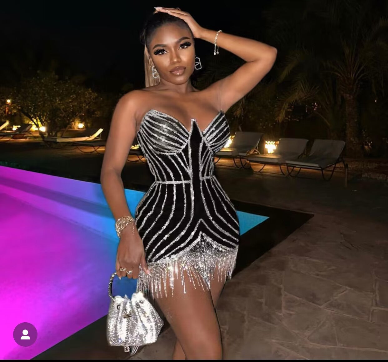 Luxe Collarless Diamond Fringed Luxe Dress