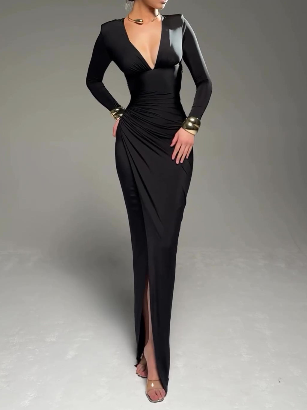 Long Sleeve Deep V Luxe Pleated Dress