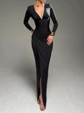 Long Sleeve Deep V Luxe Pleated Dress