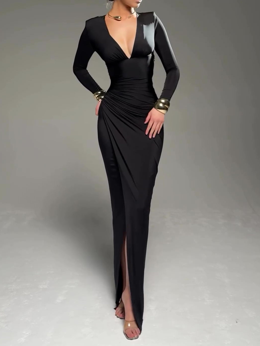 Long Sleeve Deep V Luxe Pleated Dress