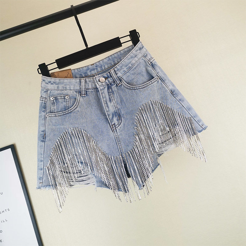 Fringed Chain Jeans Luxe High Waist Shorts