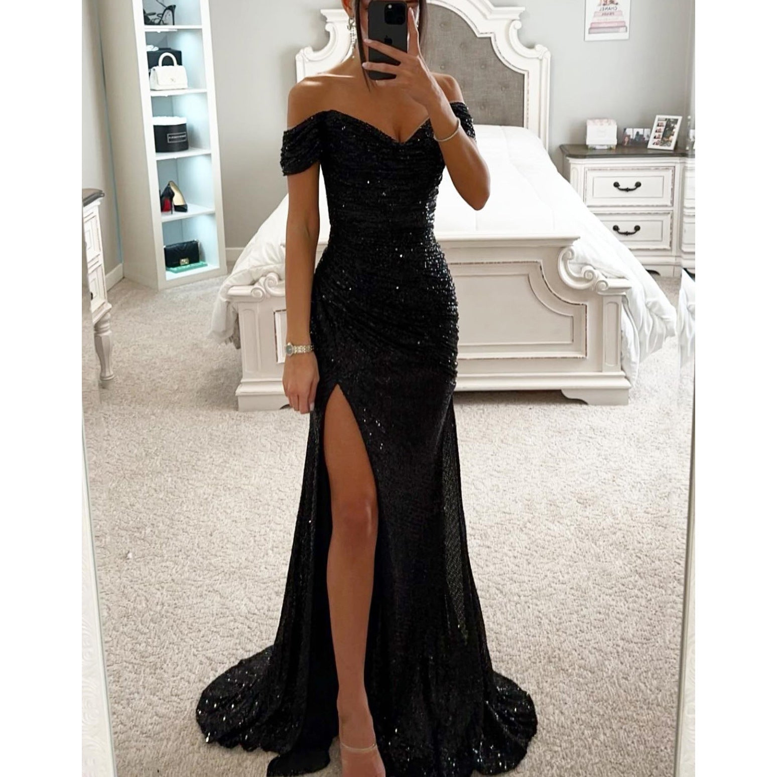 Elegant Luxe Sequins Off-neck Split Dress
