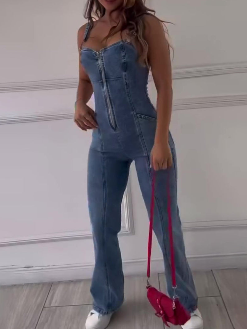 Luxe Sleeveless Zipper Denim Jumpsuit
