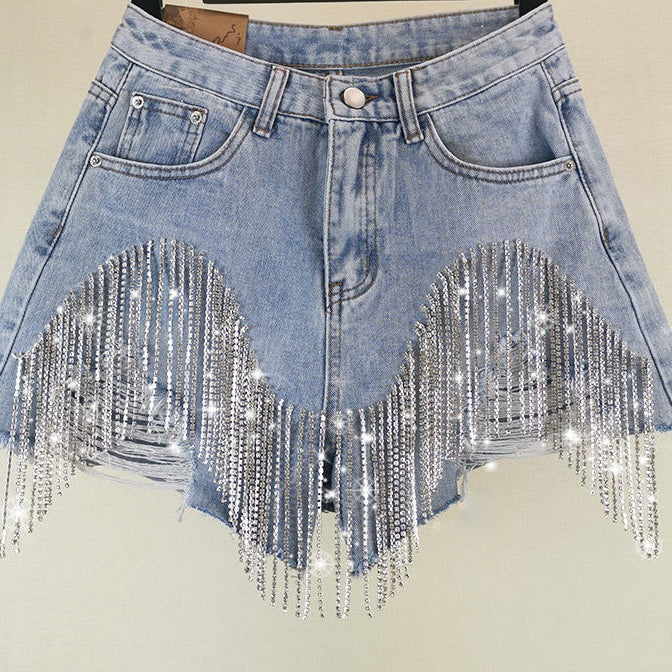 Fringed Chain Jeans Luxe High Waist Shorts