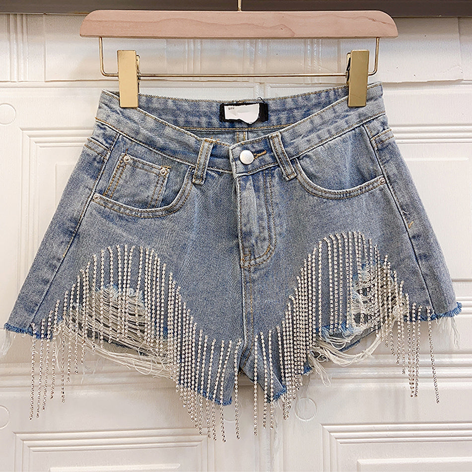 Fringed Chain Jeans Luxe High Waist Shorts